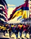 Placeholder: Groups of people marching with flags of Colombia graphic illustration retro 4k art