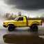 Placeholder: hyperrealistic shot, fast moving 4x4 yellow truck, monotone color palette, sharp focus, puddle reflec1tion, tire mud splashes, refraction, mist on the horizon, thunder and lightning, overcast shadow, detailed and intricate, cinematic composition, 8k, micro, tilt shift photography, bokeh