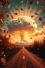 Placeholder: foreground with many falling leaves, behind is a nuclear explosion's mushroom cloud that looks more like a tree in fall, with explosion radiating outward, many leaves falling in foreground, ground is dirt and scorched with a road coming down the middle towards viewer, angelic fantastic lighting