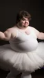 Placeholder: young man, morbidely obese; brown hair and fair skin, dancing in a white fluffy tutu. Full character. Elegant pose; HD, Studio shot, realistic.