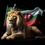 Placeholder: Create A hyper-realistic highly detailed image of a majestic lion lying down, wearing a royal crown. The lion's fur should be rich and textured, with a regal and powerful presence. Behind the lion, the flag of the Republic of Bulgaria waves gracefully, its white, green, and red colors vivid and well-defined. The background should be an elegant, deep black, creating a striking contrast that enhances the grandeur of the lion and the flag. The lighting should be dramatic, with