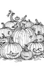 Placeholder: A spooky pumpkin patch with Jack-o'-lanterns of different sizes . Outline, sketch style, only use outline, mandala style, clean line art, white background, no shadows, no clear wall, coloring page.