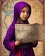 Placeholder: Artistic red purple little palestinian girl Holds a map of Palestine , PRINT medieval style