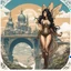Placeholder: exotic sci-fi steampunk pin-up girl, with long dark hair and wings, on an alien planet with cloud trees, tall spires, buildings, bridges, arches