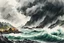 Placeholder: an abstract ink wash and watercolor lithographic illustration of a storm tossed, highly detailed coastal fishing village in the mountainous islands of Lofoten , with ominous storm of the century thunderheads and pounding surf , finely drawn and inked, 4k, hyper detailed and vibrantly colored