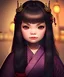 Placeholder: pixar style, ancient japanese temple environment, extreme closeup front face portrait of one cute young loli princess, traditional kimono, slim, slightly squinting, excited facial expression, smirking or pouting, long fringed wavy messy random hairstyle, deep dark real humanly eyes, perfectly round iris, fine detailed long eyelashes, realistic shaded perfect face, round face, blushing, sharp focus, small bosom, chibi, kawaii, gothic, artwork by shinichiro watanabe