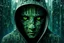 Placeholder: hooded cat's face covered in pixels, dystopian cityscape style, vray, ambient sculptures, GREEN, BLUE, GRAY, FUTURIST, Frank Thorne, dark and mysterious, coded patterns, video montages, fantasy art, science fiction, architecture, 3d rendering, dark fantasy