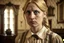 Placeholder: ww1 very sad blonde maid talking close-up standing up looking to the camera, ww1 mansion room background