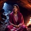 Placeholder: Hyper Realistic Photographic Outside View Of A Gorgeous Pashto Girl (Wearing Simple Burgundy Colored Dress With White Embroidery & Wearing Pink Dupatta On Her Neck) Happily Sitting & Smiling Boldy In A Cave With Little-Bonfire, With Heavy Rain Outside Cave With Glowing Little Crystals) At Dark Night Showing Dramatic & Cinematic Ambiance.