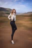 Placeholder: full body of very beautiful girl pants and jacket , curvy hair with lace scarf ,standing idle pose in studio pretty makeup,perfect face,sport shoes