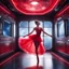 Placeholder: In the pulsating space station, a ballerina in a agent provocateur red frilly dress gracefully glides through a shining corridor, with bay windows revealing the vast expanse of outer space. Her movements are fluid and hypnotic, as if choreographed by the stars themselves. Each step she takes accentuates the curves of her form-fitting outfit, the soft fabric fluttering around her like a crimson nebula.