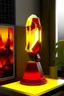 Placeholder: gaming table lamp inspired by avengers stark tower buliding architecture futuristic-modern stlye. geometric form, red and yellow color scheme