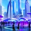 Placeholder: A group of people gather in a futuristic plaza, surrounded by towering skyscrapers and holographic advertisements. The plaza is filled with blue and purple light, and flying vehicles can be seen in the background.