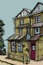 Placeholder: Front of a small, one-story Farm house built in the middle of a city street flanked by two houses, street level view, street level view, cartoon art