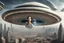 Placeholder: flying saucer with portals with angelina jolie inside the flying saucer flying over future alien city close up of angelina jolie as photo realistic