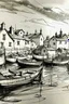 Placeholder: Fine line Sketch of English fishing village in style of john singer sargent