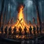 Placeholder: close up one large bonfire with its flames rising high in a clearing, around the bonfire many anthropomorphic wolf humanoids crying, dancing, singing and just watching the flames. rain, cold deep colors, around them in the background dark trees with huge trunks, rainy day, high contrast, high detail, atmospheric, dark fantasy, sci-fi atmosphere, cinematic