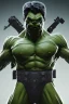 Placeholder: 4K Ultra-HD -- the Hulk with buzz cut hair wearing a formfitting camouflage jumpsuit with police badge and metal brodie helmet. and black cape-- 4k Ultra-HD, Hyper Realistic, Cinema lighting