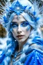 Placeholder: Very very cute snow fairy woman with a lovely face and radiant with beauty and googdness, great wisdom, transparent blue wings, full lips, depuis blue eyes, long blue hair with small shaped pearls snowflakes in her hair, nice body, dressed in a snow fairy dress, in a enchanted landscape, realistic, real photo, highly detailed and contrast