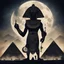 Placeholder: double exposure silhouette of brilliant fantastical Egyptian Bes God, moon rise over Giza pyramids, Lovecraftian Hieroglyphic symbology, intricately detailed, hyper-detailed; complex contrast, incredible composition; dynamic lighting; meticulously composed concept art, masterpiece, heavy metal Album Cover by Wes Benscoter, Reflections, cell-shaded, macabre, sinister