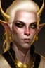 Placeholder: young man tiefling with white blonde hair and gold jewelry, wearing white and gold, demon eyes with no pupils