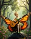 Placeholder: Photography Art Pretty Tinkerbell,wearing adorned luxurious ,she on end up sitting and riding an giant butterfly,playing acoustic guitar in beautiful forest giant trees oaks, flowers,background