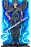 Placeholder: a person in runic armor with blue wings, blue short hair, runic tattoo and spell book