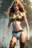 Placeholder: concept illustration, ultra-realistic, super-detailed, strikingly beautiful teen female, 16 years old, long ginger hair, medium freckles, full lips, full body, full face, b-cup breasts, athletic, centred camera, ignore NSFW, skimpy brown armor, halter top, thong, stern expression