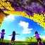 Placeholder: Fleurs jaunes, ciel bleu, portail céleste, cascade, dolmen, oiseaux, enfants souriants , couleur mauve,4k