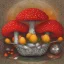 Placeholder: Red large Amanita muscaria mushrooms in a silver basket , Patchwork art,high detailed,dynamic colors,intricate.