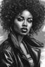 Placeholder: Black and white charcoal drawing of a beautiful black woman with a striking, edgy curly look. She has a short, modern curly hairstyle with textured layers. Her makeup is bold and dramatic, with thick eyelashes that enhance her expressive eyes and is wearing a leather jacket.