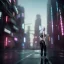 Placeholder: A wide-angle shot of a young, white-haired attractive woman standing on a sidewalk in a cyberpunk city. High-resolution