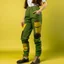 Placeholder: Women model wearing cargo jeans with patch with twill armor jellow and green