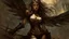 Placeholder: biomechanical women, beautiful, steampunk, dusty brunette, long square, large steampunk black wings, sword, steam, dynamic pose, rain, wind, ashes, flashes of fiery threads, steam engine, caves with rusty pipes on the background, dark world, sketch art, fine lines, grunge, sensual, darkness, dark colors, by Raymond Swanland & Alyssa Monks & Anna Razumovskaya