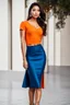 Placeholder: fullbody shot of young-beautiful-ozbek-with-a-perfect-face-with-make-up-wearing-orange top and midi plited blue skirt