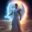 Placeholder: The first image is of the main character's full body. He’s to look like a powerful angel, symbols on his hands glowing, His background should be that of space above with stars and standing on a paradise of a planet. His belt can transform into a white dragon.