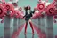 Placeholder: beautiful full body with long boots and modern dressed lady in surreal world made of recursive animating fractal random size modern geometrical structures ,color gears, full body happy dancing to camera
