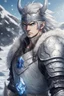 Placeholder: in anime style, 1man, a man with blue eyes and silver hair man in silver Viking armor with fur around the neck with blue crystal on his chest holding an axe in his hands standing on a pirate ship in the artic, warrior in anime style,