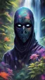 Placeholder: portrait of masked ninja dementor psychedelic interdimensional robot in the garden, waterfall and elves ,lotsa wild weed, in spotlight, magazine cover illustration with spray paint, signed, bokeh like, down-light, unreal engine, prize winning