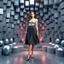 Placeholder: make a picture pretty stage made of metallic blue-gray teme 3d recursive cubic and sphere and cylinder base structures and a beautiful fashion model lady standing with cute in scene with sexy top and pretty pleated midi skirt ,makeup curvy long hair,dynamic camera zoom to full body and pan, dynamic lights.