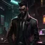 Placeholder: Generate a visually striking digital artwork of a Cyberpunk fixer who operates a casino. The fixer is characterized by being short and heavier in build, exuding an air of authority and cunning. His distinct features include greasy black combed-over hair, reminiscent of a classic James Bond villain. The fixer is impeccably dressed in a tacky yet stylish suit that complements his unique persona. The casino setting should be reflected in the background, with neon lights, futuristic elements, and an