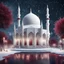 Placeholder: Hyper realistic Outside White Mosque with grass patches & maroon Minarets & frozen water fountain at snowfall night