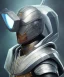 Placeholder: metallic robotic warrior helmet portrait, samurai style, shiny, glass cover, holographic eyes, geometric