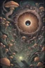 Placeholder: Looking into a black hole, hundreds of huge mushroom-shaped creatures with massive mouths, faceted eyes and tentacles.