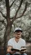 Placeholder: A man wearing a white Dad Hat, wearing glasses, and reading with a tree behind him, high resolution