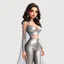 Placeholder: fullbody pose of A stylized 3D render of Madison Beer portrayed as a glamorous modern pop icon with a soft yet confident aura. She has radiant, porcelain skin, long voluminous dark brown hair cascading in gentle waves, and captivating hazel eyes framed by bold lashes and shimmering makeup. Her outfit is a chic, form-fitting ensemble—a glittering silver crop top paired with high-waisted satin pants and a long translucent cape that flows behind her, catching the light. Delicate jewelry—crystal ear