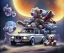 Placeholder: little boy and big teddy bears on moon. drifting in old bmw. oil on canvas