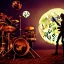 Placeholder: cyborg one man band, instruments, full moon background center large, steampunk style, 3d, hd