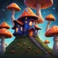 Placeholder: vibrant indigo and orange mushroom house on dirt pillar grassy top outer space. stars, grass, mushroom house, dirt pillar. Detailed gloss Painting, rich color, fantastical, intricate detail, splash screen, hyperdetailed, insane depth, concept art, 8k resolution, trending on artstation