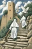 Placeholder: nuns in white climbing up broken stairs leading up a steep hill to an old crumbling tower. Storm clouds. Eagles flying around the tower. By artist "Bluefooted",by artist "Peter Hurd"